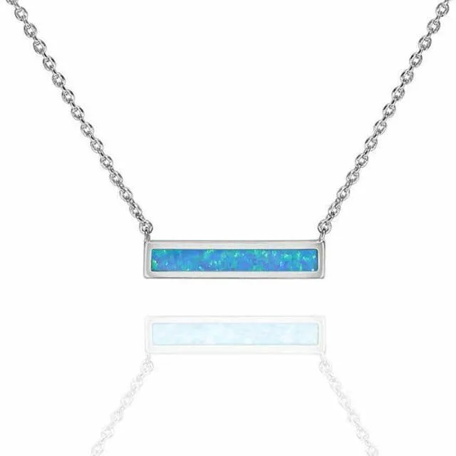 Rectangular Blue and White Fire Opal Silver Necklace