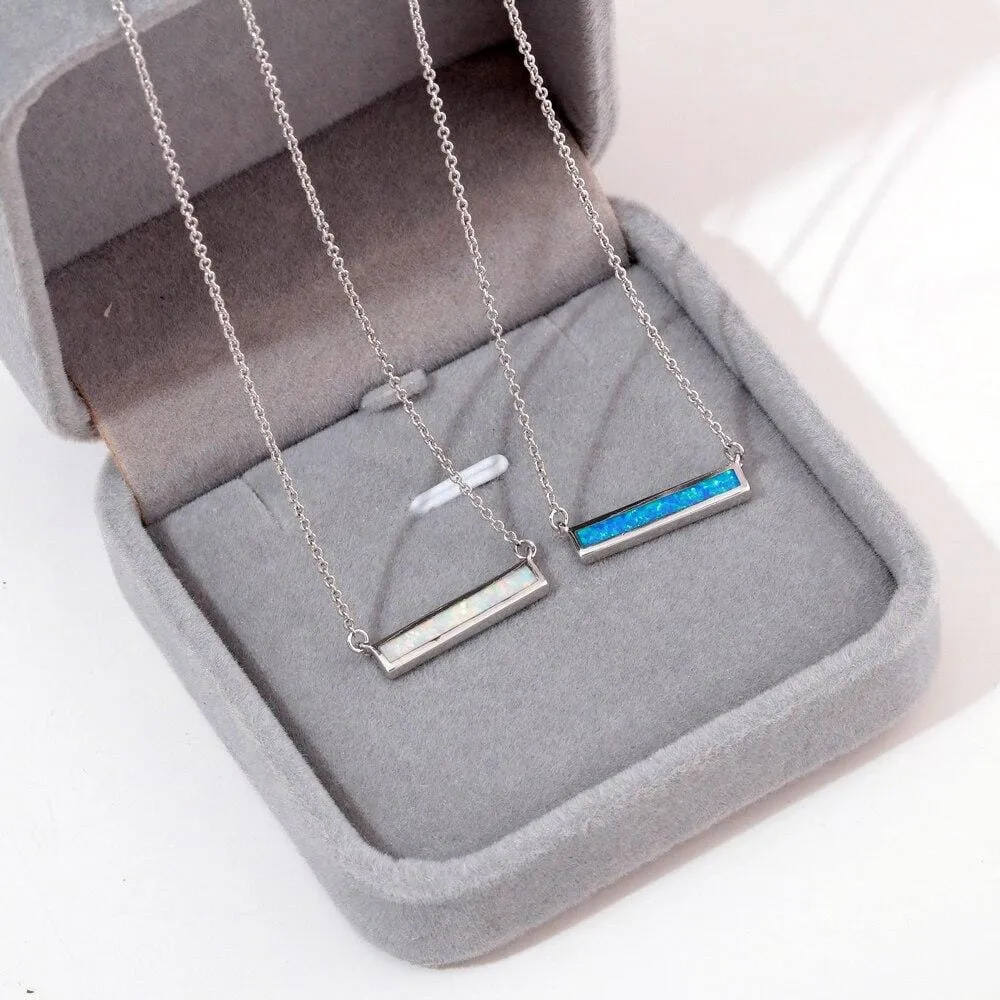 Rectangular Blue and White Fire Opal Silver Necklace