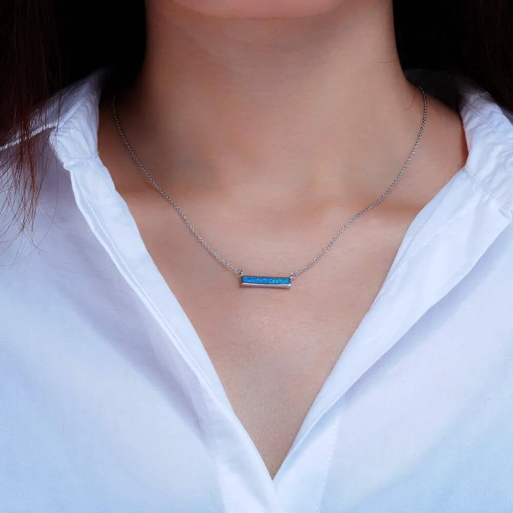 Rectangular Blue and White Fire Opal Silver Necklace