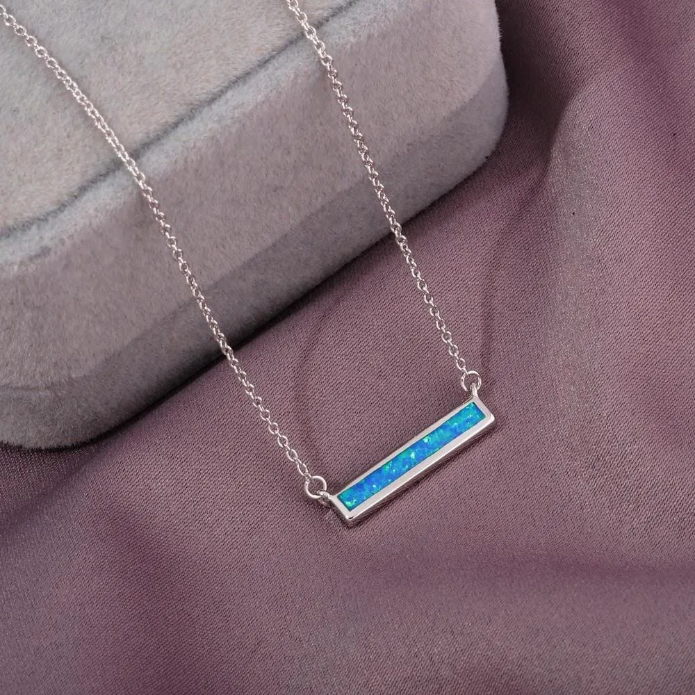 Rectangular Blue and White Fire Opal Silver Necklace