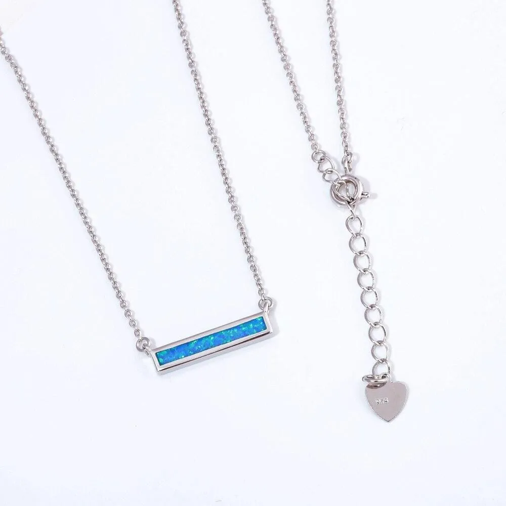 Rectangular Blue and White Fire Opal Silver Necklace