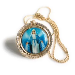 Rhinestone Miraculous Medal Necklace, Virgen La Milagrosa, Gold Virgin Mary Pendant, Catholic Jewelry, Virgin Mary Jewelry, Religious Gifts