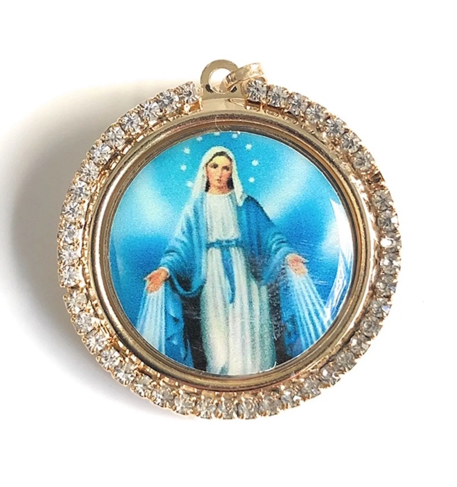 Rhinestone Miraculous Medal Necklace, Virgen La Milagrosa, Gold Virgin Mary Pendant, Catholic Jewelry, Virgin Mary Jewelry, Religious Gifts