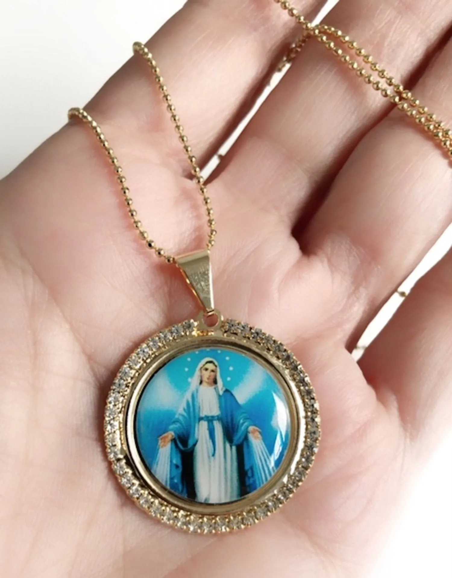 Rhinestone Miraculous Medal Necklace, Virgen La Milagrosa, Gold Virgin Mary Pendant, Catholic Jewelry, Virgin Mary Jewelry, Religious Gifts