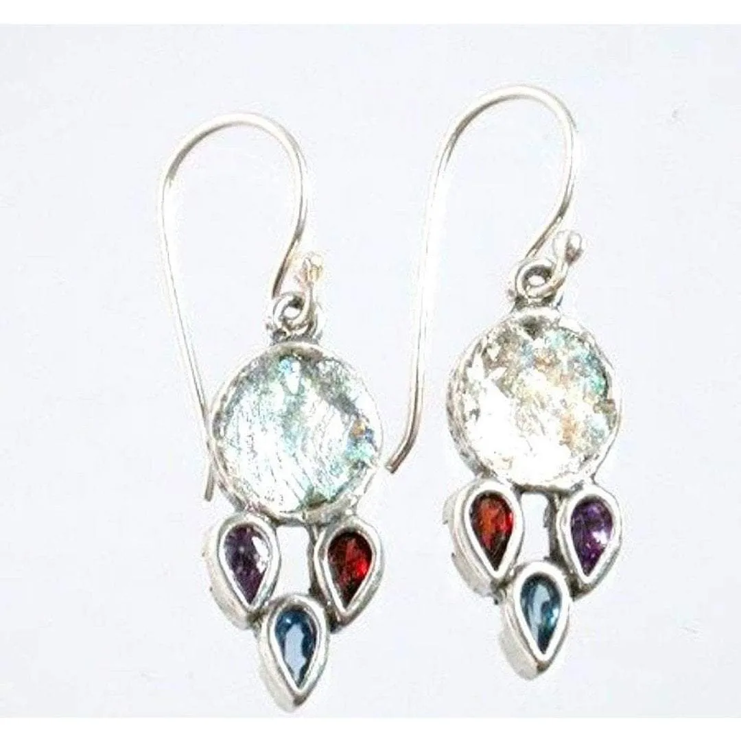 Roman Glass Earrings, Sterling Silver Earrings, cz zircons earrings