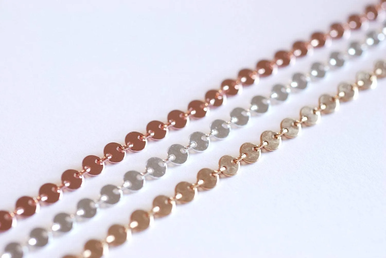 Rose Gold 4mm Sequin Disc Chain- Rose Gold plated Round Disc Circle Chain, Chain by foot, Wholesale BULK DIY Jewelry Findings 1/20 14kt GF