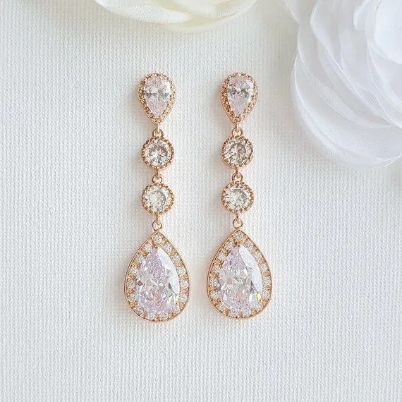 Rose Gold Long Drop Wedding Earrings-Evana