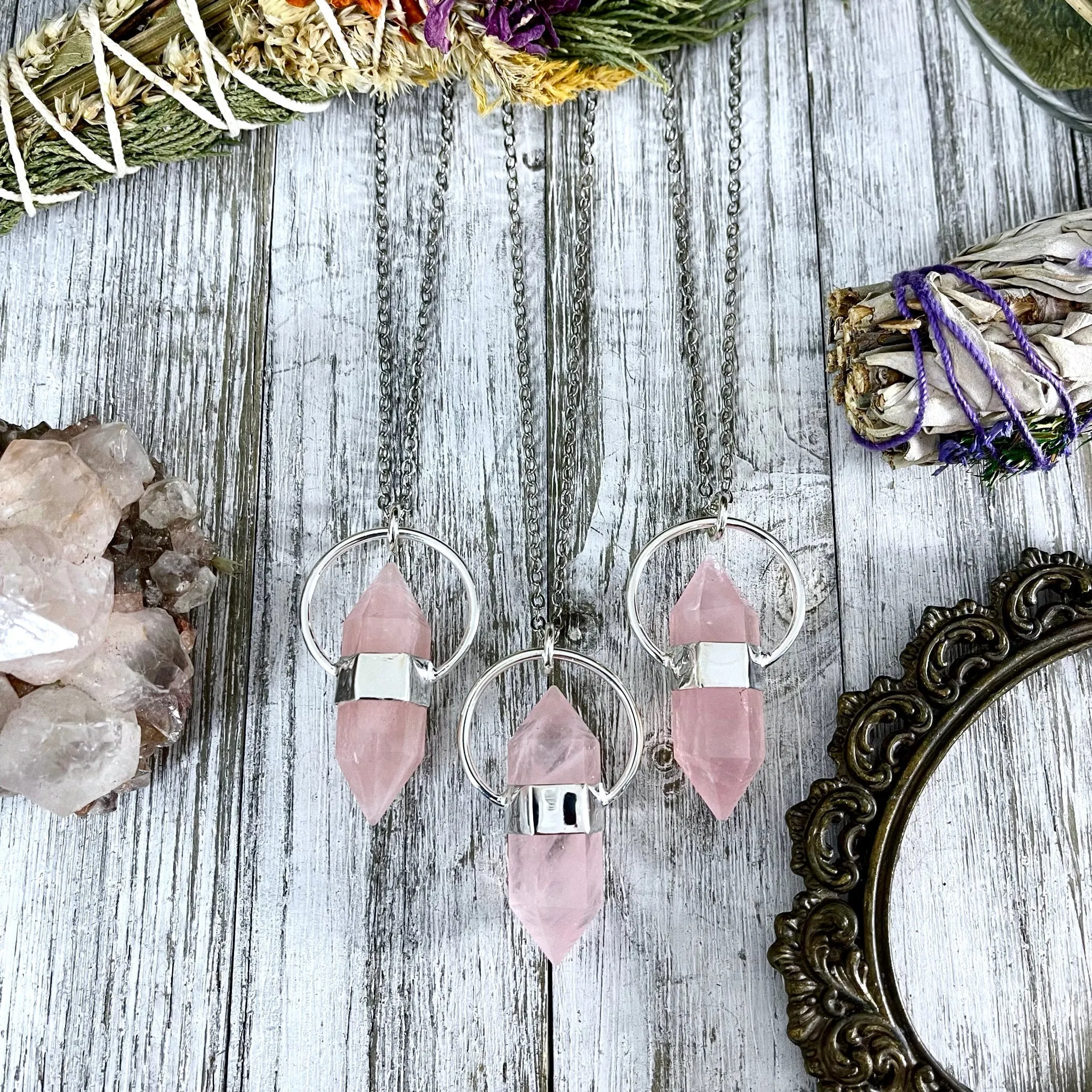 Rose Quartz Crystal Point Necklace in Sterling Silver  -Designed by FOXLARK Collection / Witchy Necklace Goth Jewelry