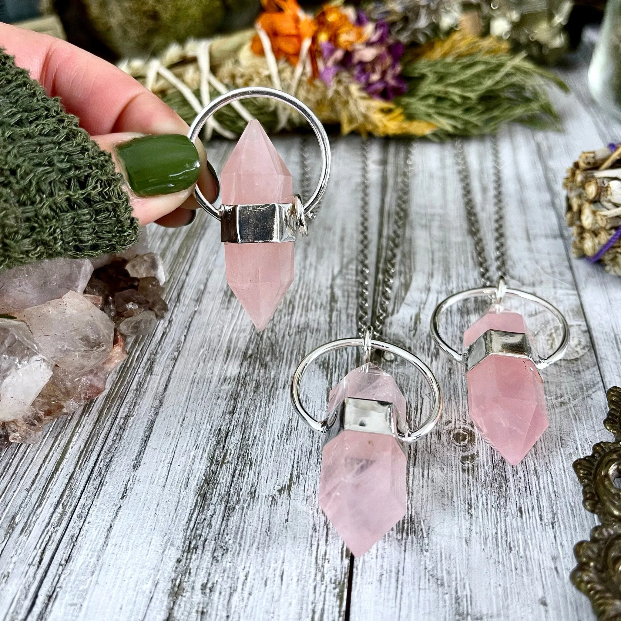 Rose Quartz Crystal Point Necklace in Sterling Silver  -Designed by FOXLARK Collection / Witchy Necklace Goth Jewelry