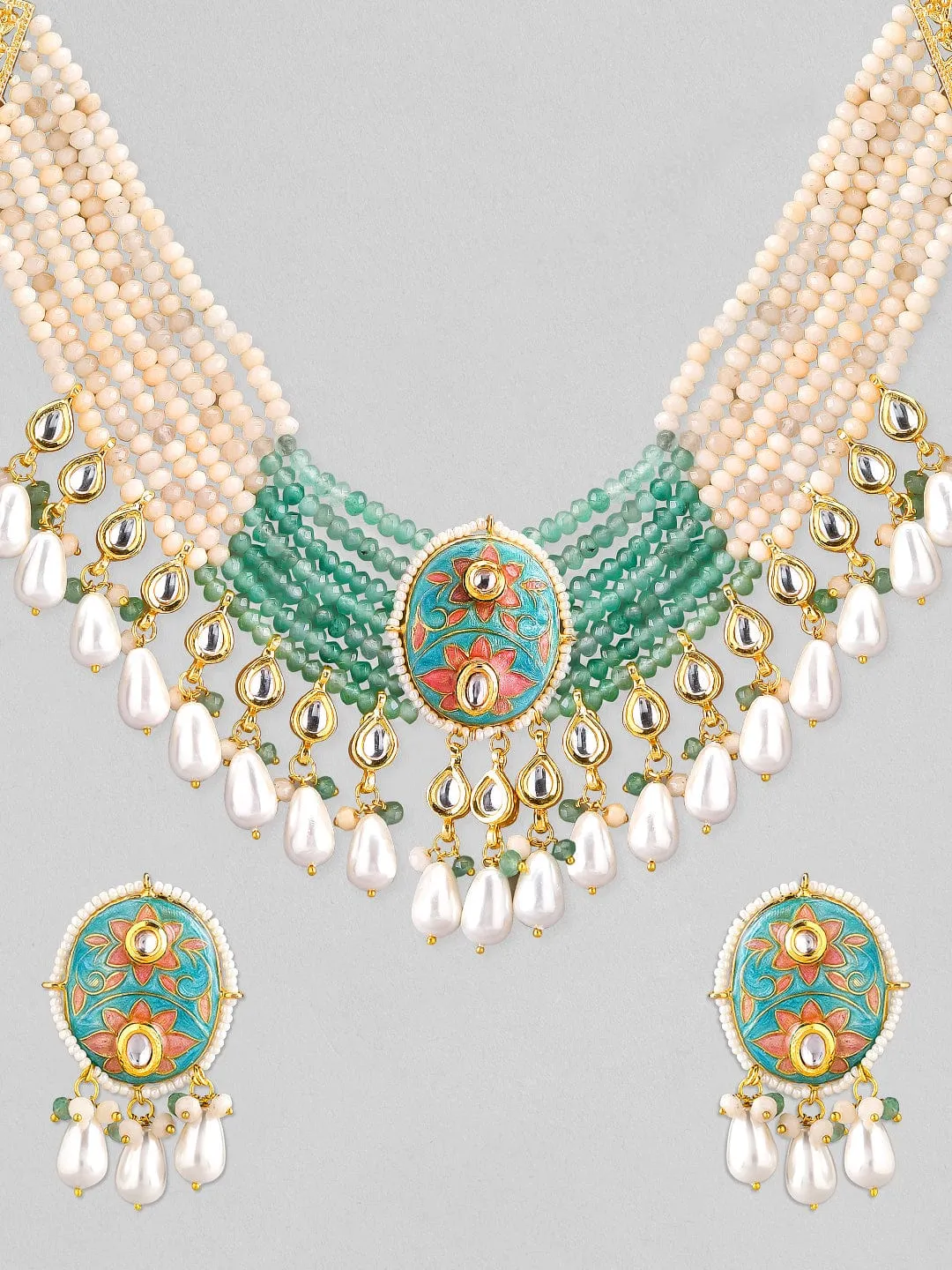 Rubans Luxury Gold Plated Enameled Kundan Studded Floral Multicolor Beaded Necklace Set.