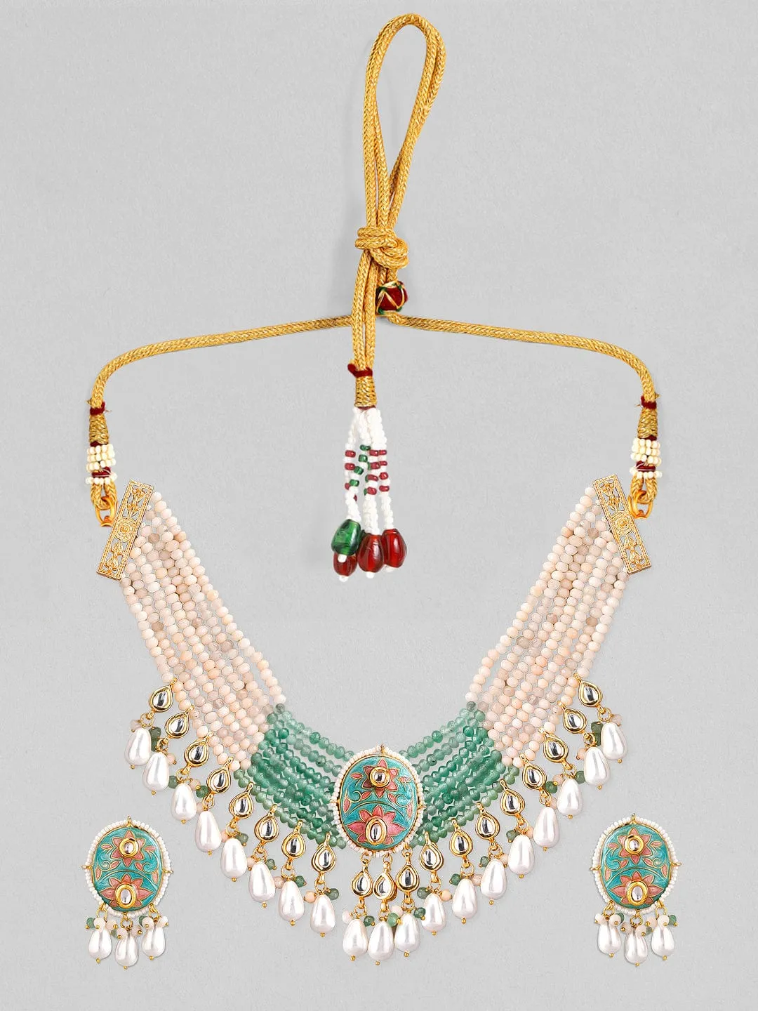 Rubans Luxury Gold Plated Enameled Kundan Studded Floral Multicolor Beaded Necklace Set.