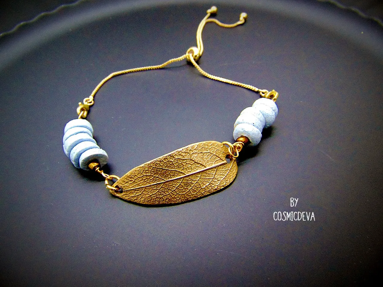 Sage Leaf Gold Bronze Bracelet with Aqua Ashanti Glass Discs