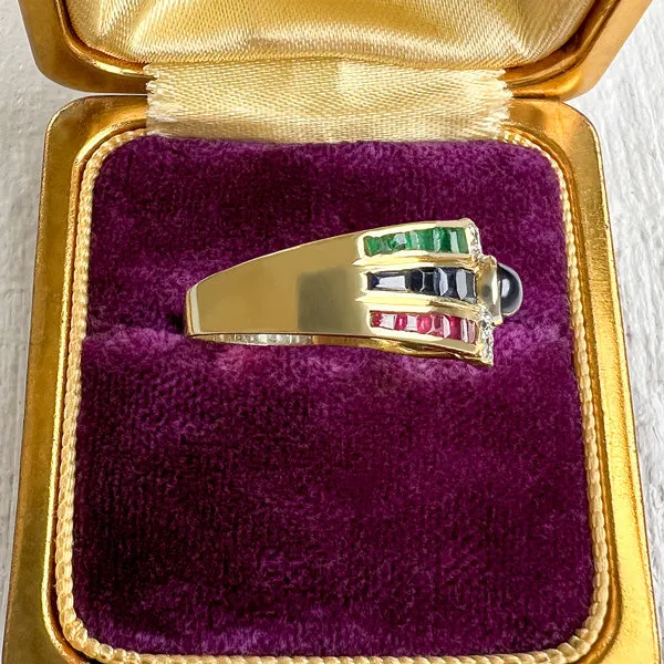 Sapphire, Ruby, Emerald & Diamond Ring