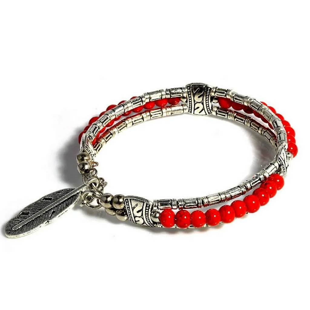 Silver Tibetan Feather and Red Beaded Bangle Bracelet