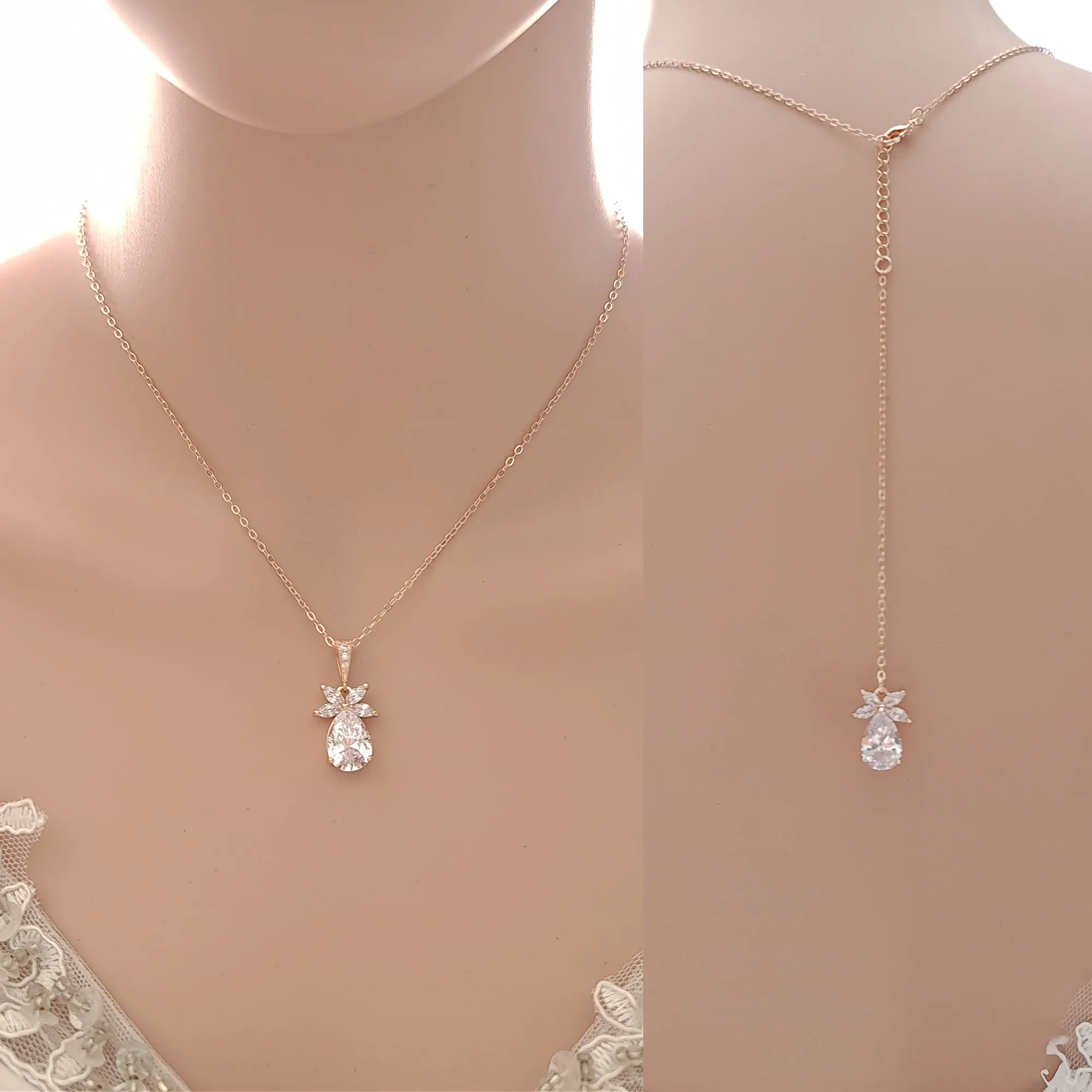 Simple Leaf Bridal Earrings and Necklace Set with Short Backdrop-Stella