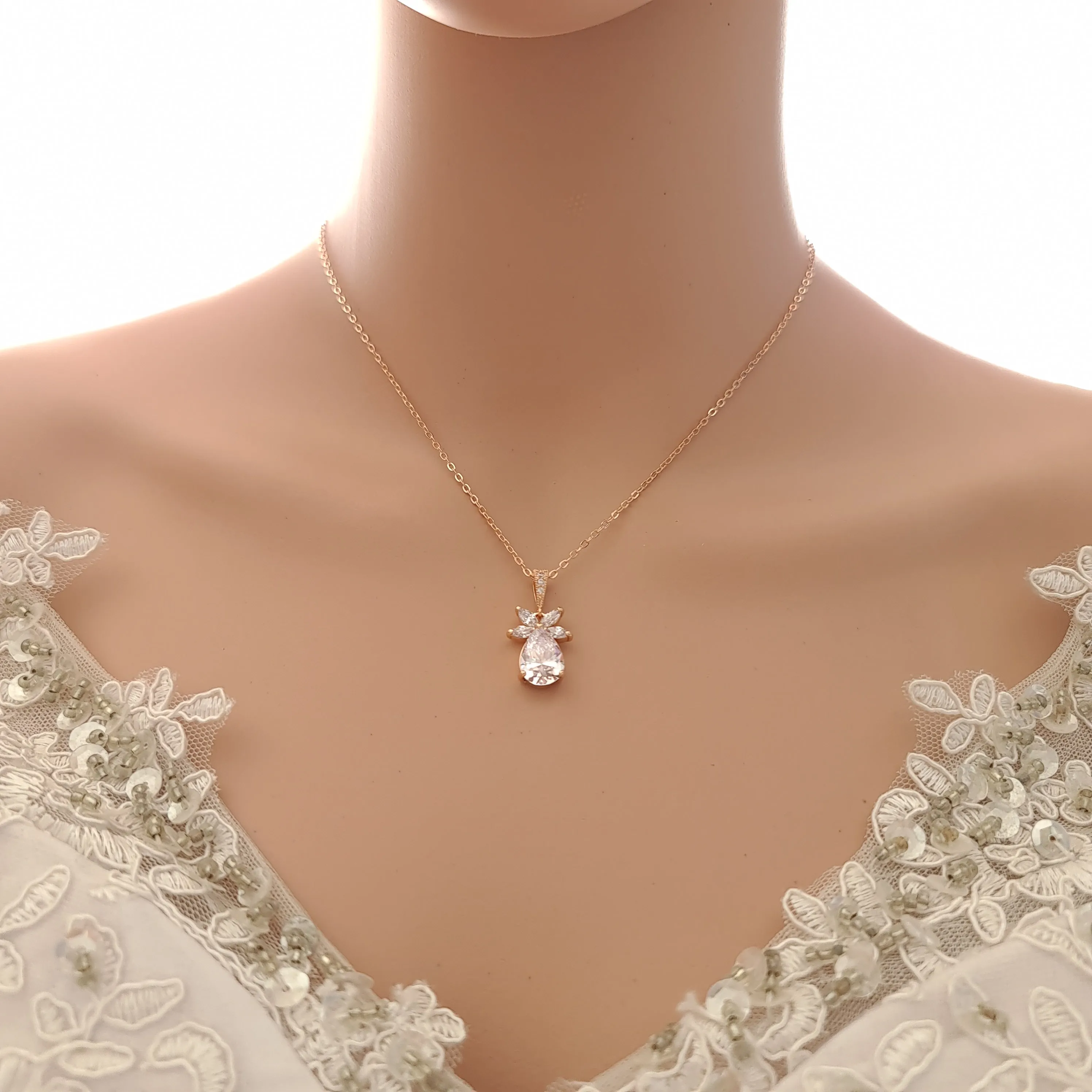 Simple Leaf Bridal Earrings and Necklace Set with Short Backdrop-Stella