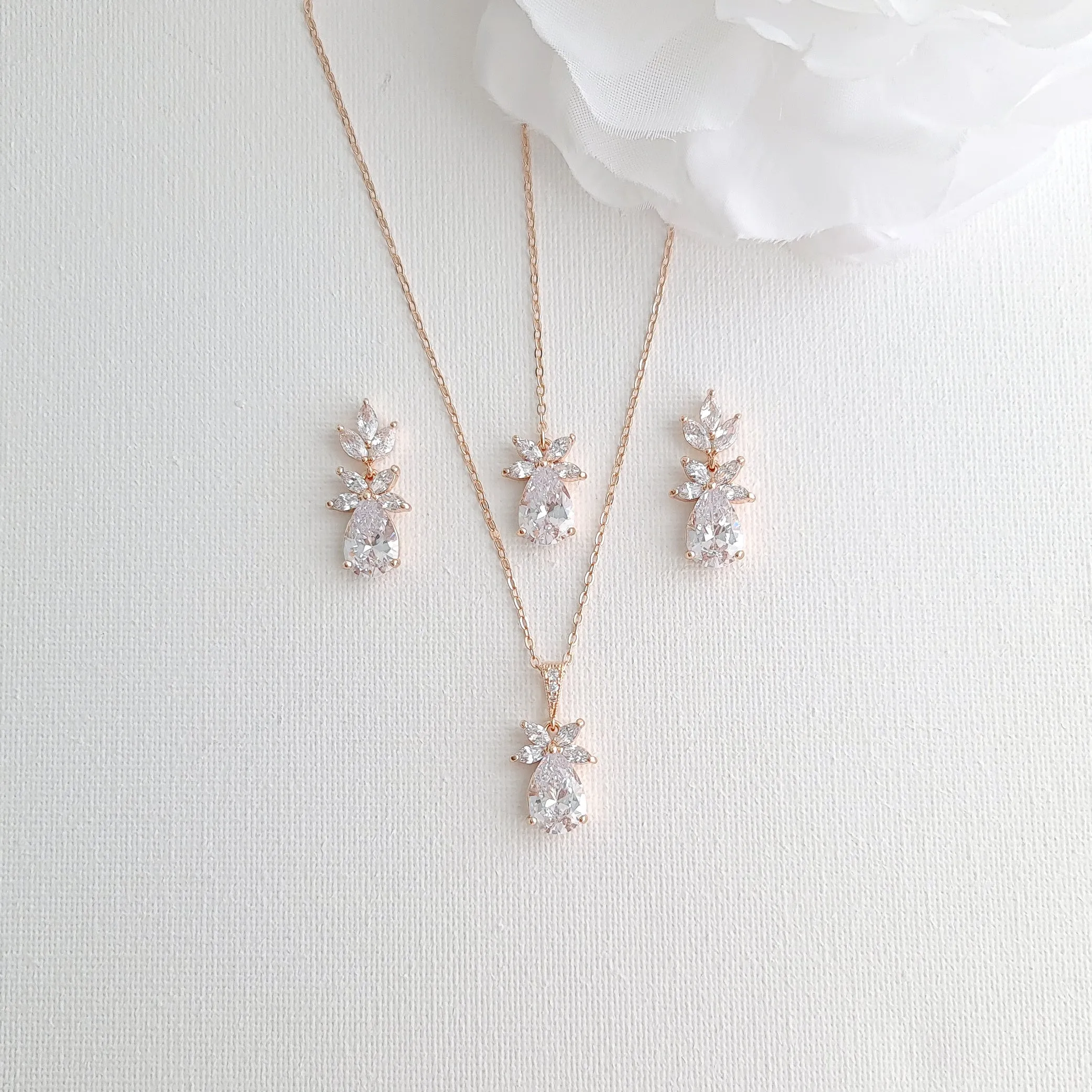 Simple Leaf Bridal Earrings and Necklace Set with Short Backdrop-Stella