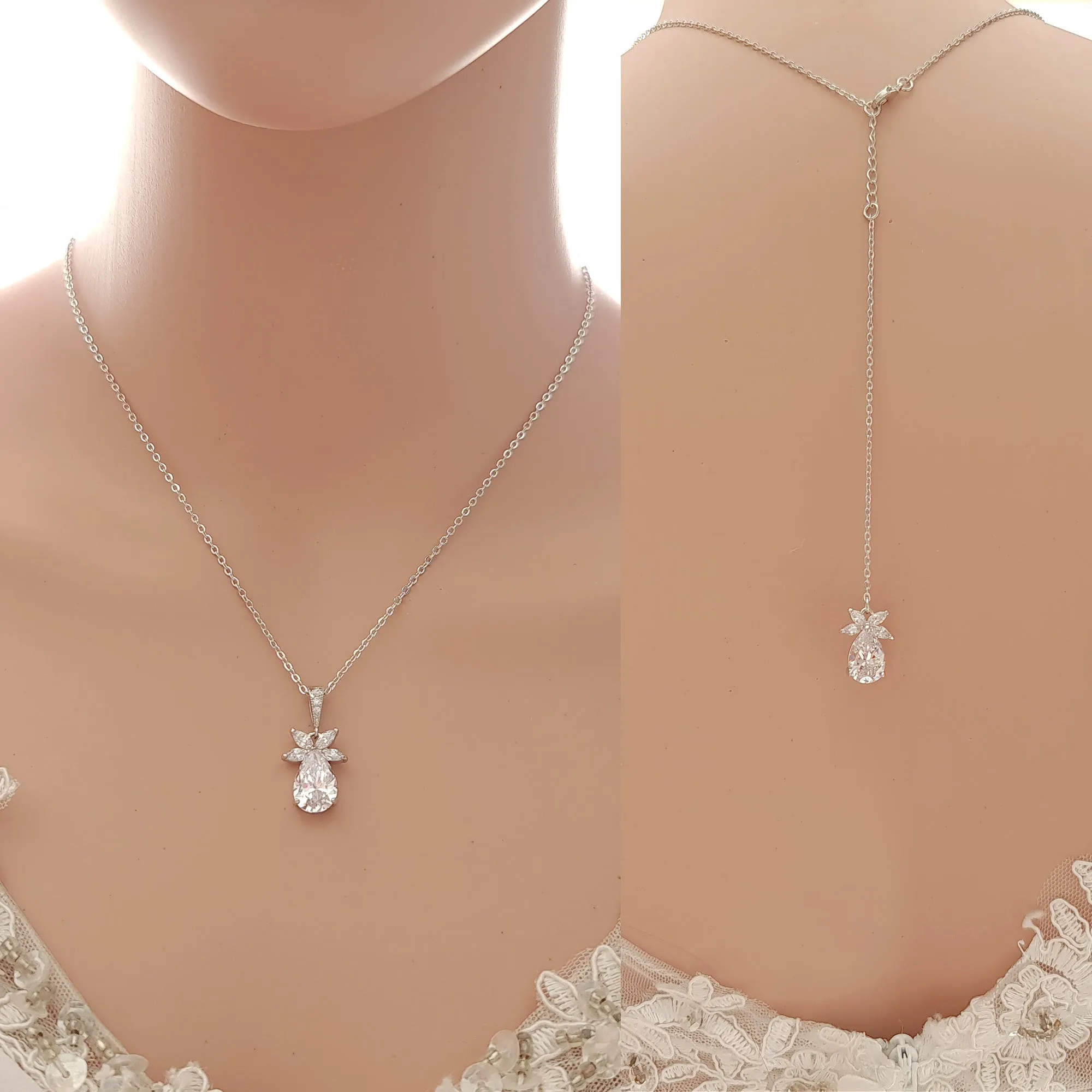 Simple Leaf Bridal Earrings and Necklace Set with Short Backdrop-Stella