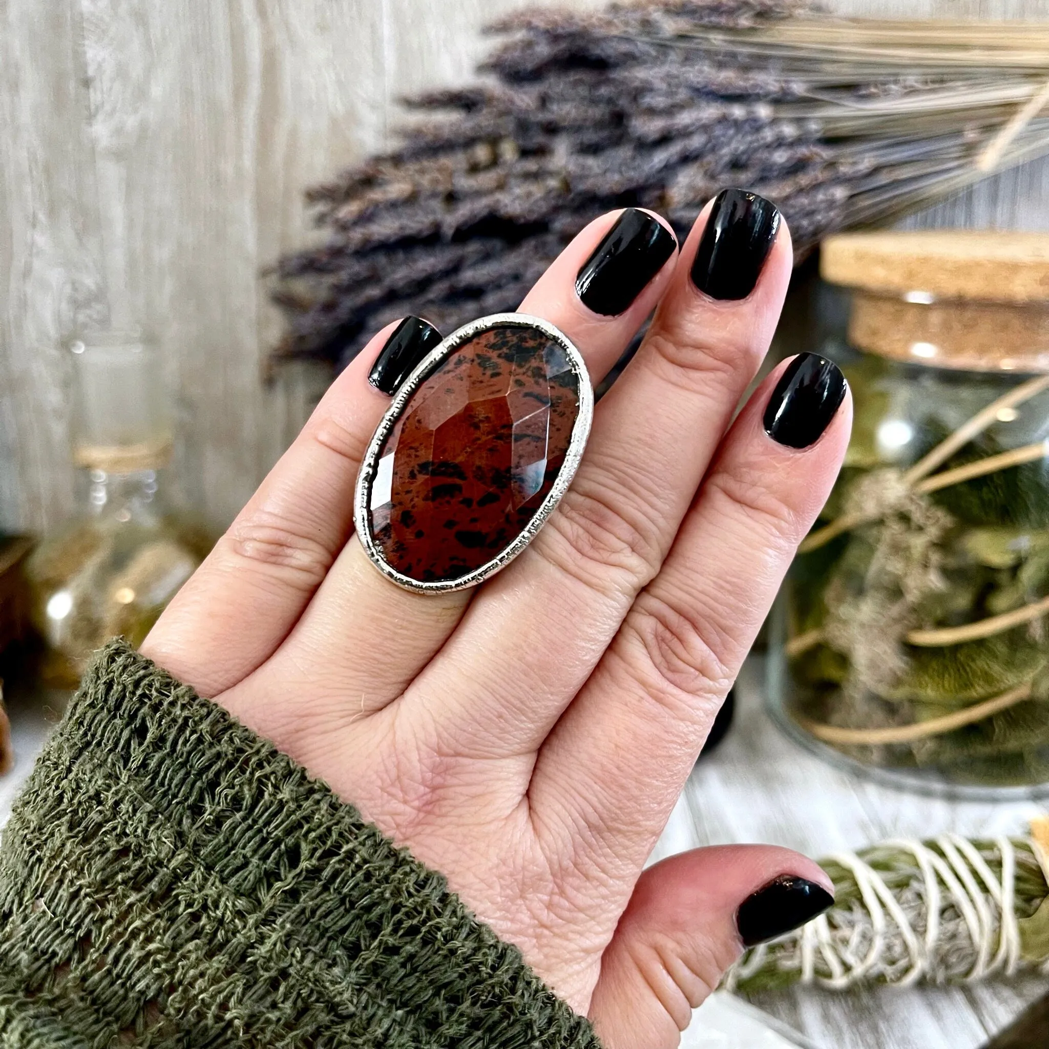 Size 5 Big Mahogany Obsidian Statement Ring in Fine Silver / Foxlark Collection - One of a Kind