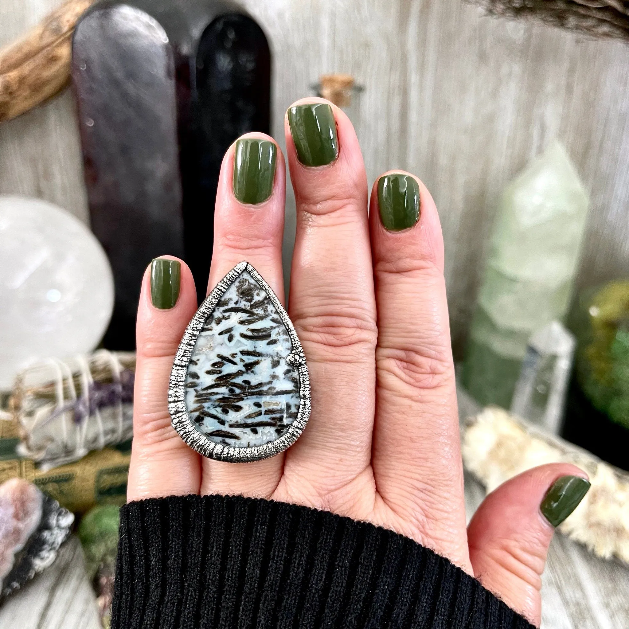 Size 7 Large Blue Fossilized Palm Root Statement Ring in Fine Silver / Foxlark Collection - One of a Kind