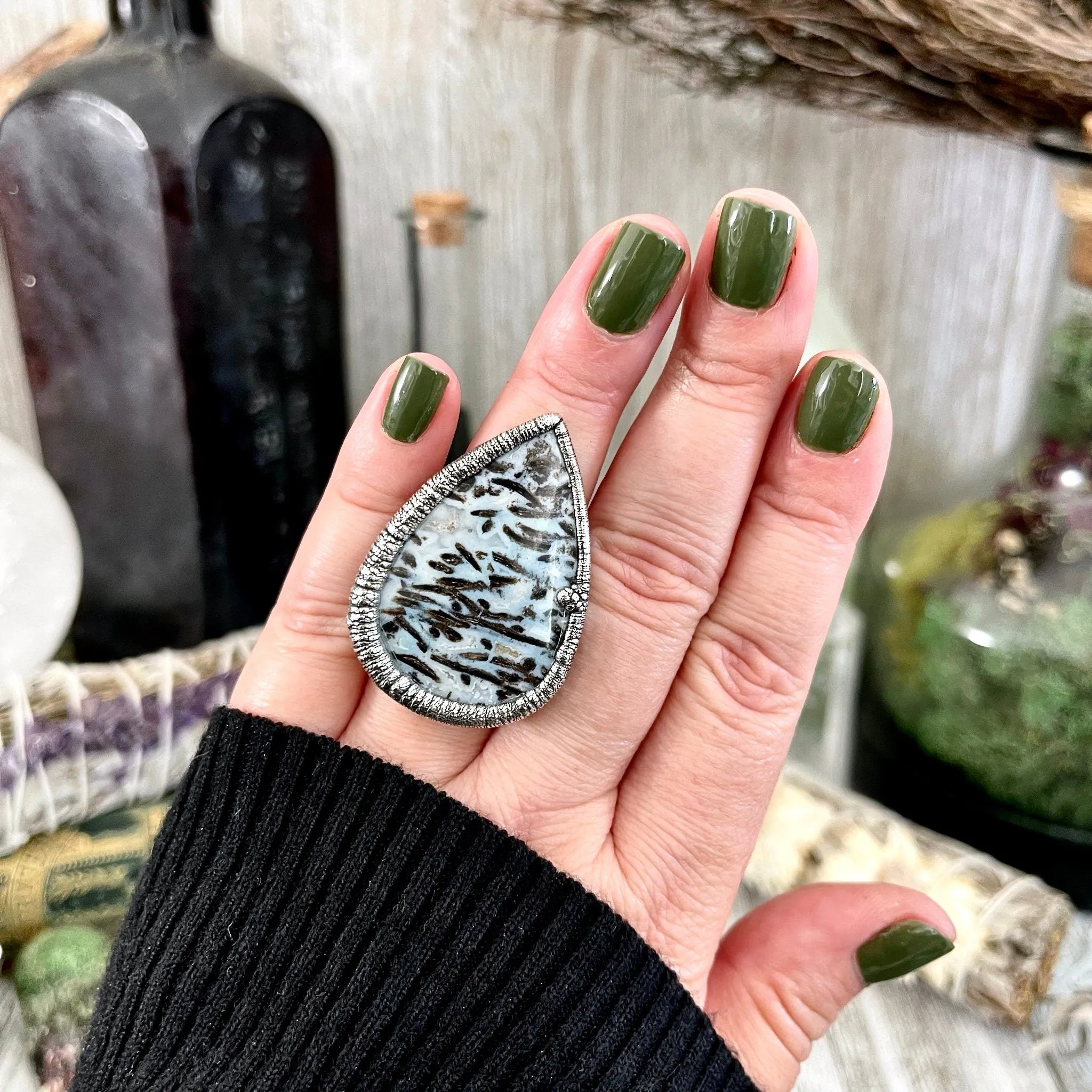 Size 7 Large Blue Fossilized Palm Root Statement Ring in Fine Silver / Foxlark Collection - One of a Kind