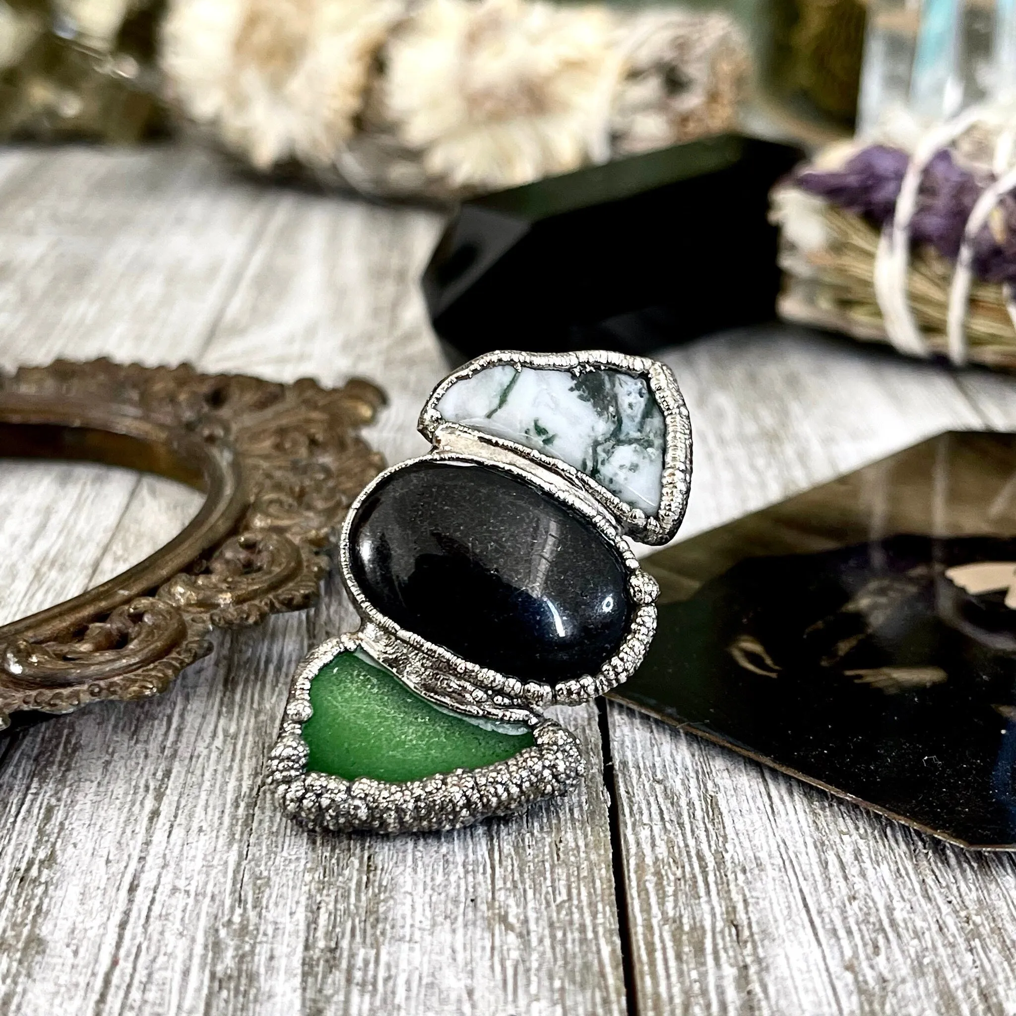 Size 8 Crystal Ring - Three Stone Black Onyx Sea Glass Moss Agate Ring Sliver / Foxlark Collection - One of a Kind