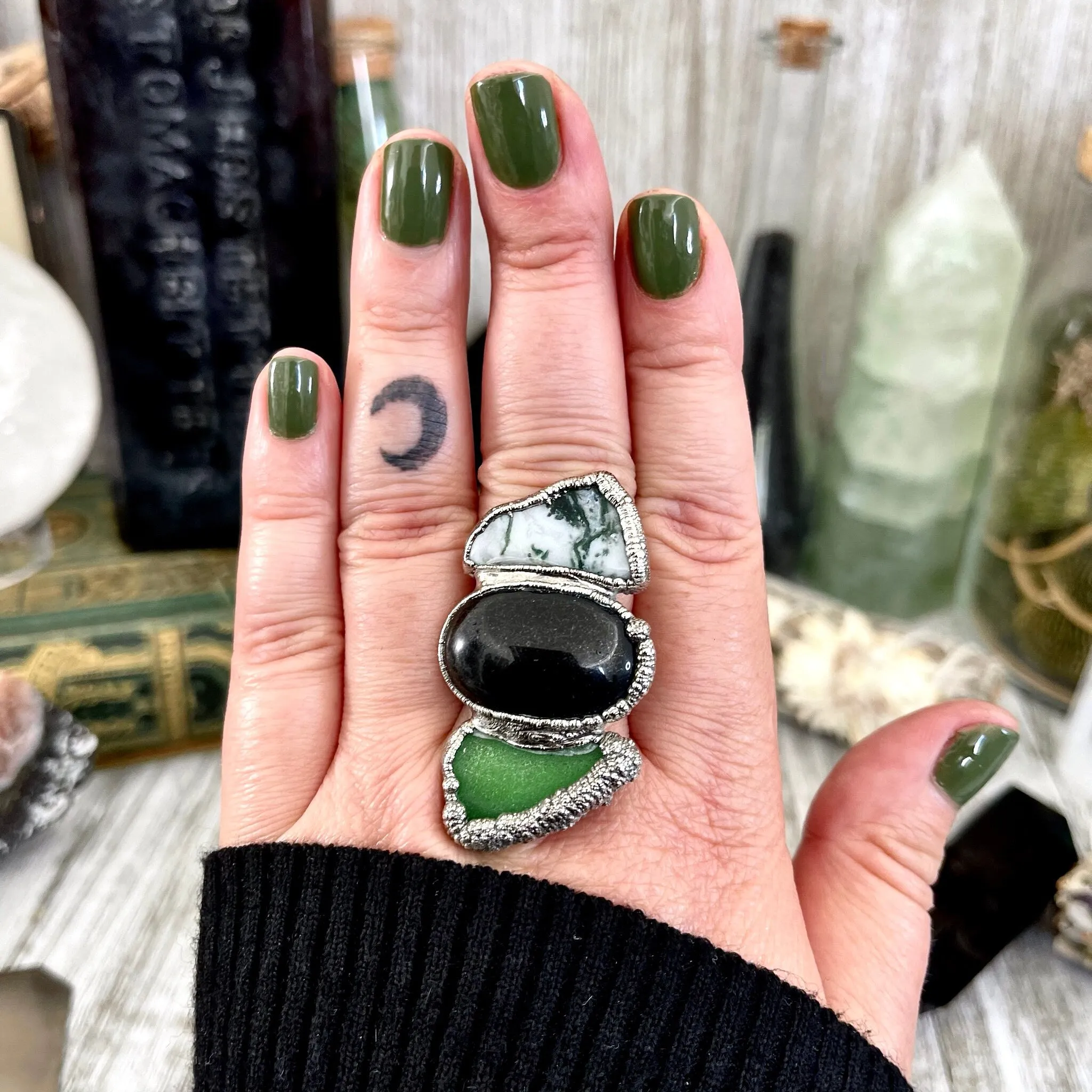 Size 8 Crystal Ring - Three Stone Black Onyx Sea Glass Moss Agate Ring Sliver / Foxlark Collection - One of a Kind