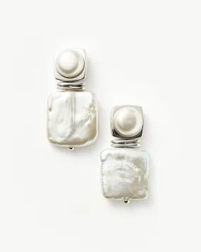 Square Pearl Statement Stud Earrings | Silver Plated/Pearl