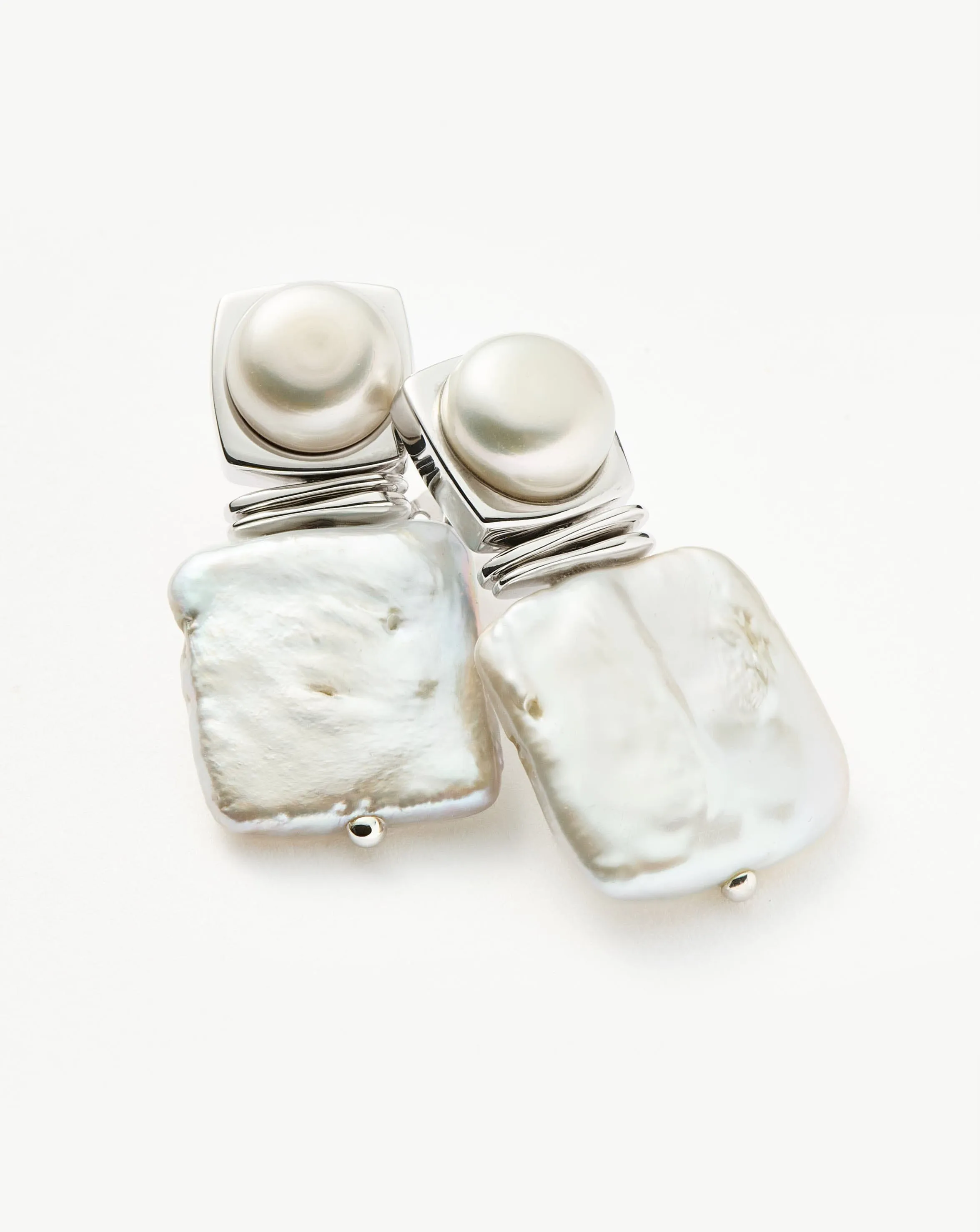 Square Pearl Statement Stud Earrings | Silver Plated/Pearl