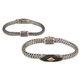 SS/18K 7MM WOVEN CHAIN BAR BRACELET W/ PAVE BLACK SPINEL