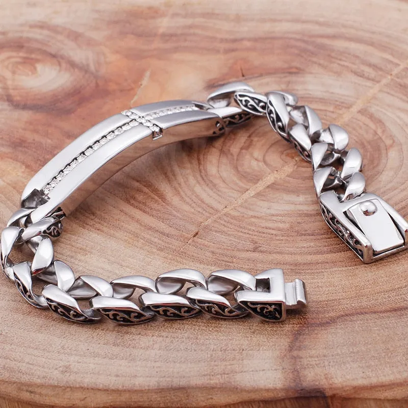 Stainless Steel CZ Christian Cross Bar Link Bracelet