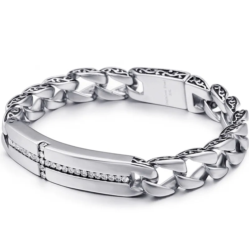 Stainless Steel CZ Christian Cross Bar Link Bracelet