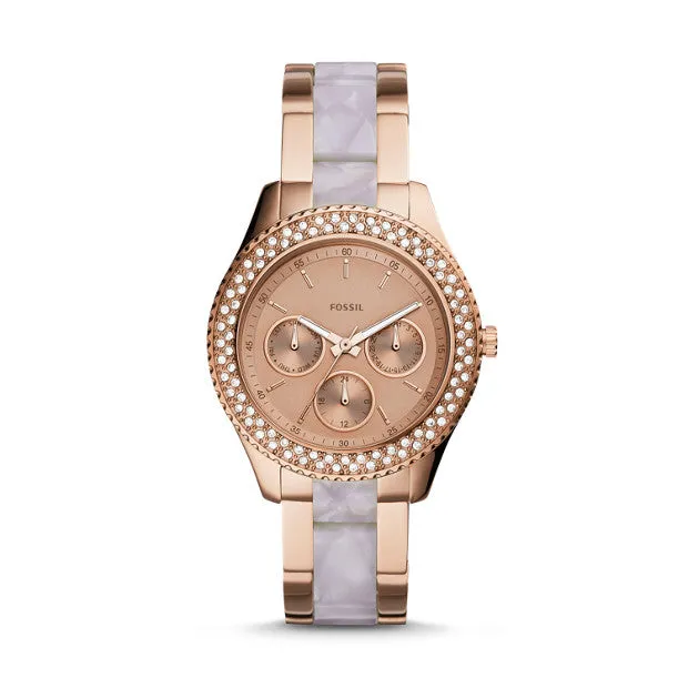 Stella Multifunction Two-Tone Stainless Steel and Acetate Watch, Rose Gold | Fossil