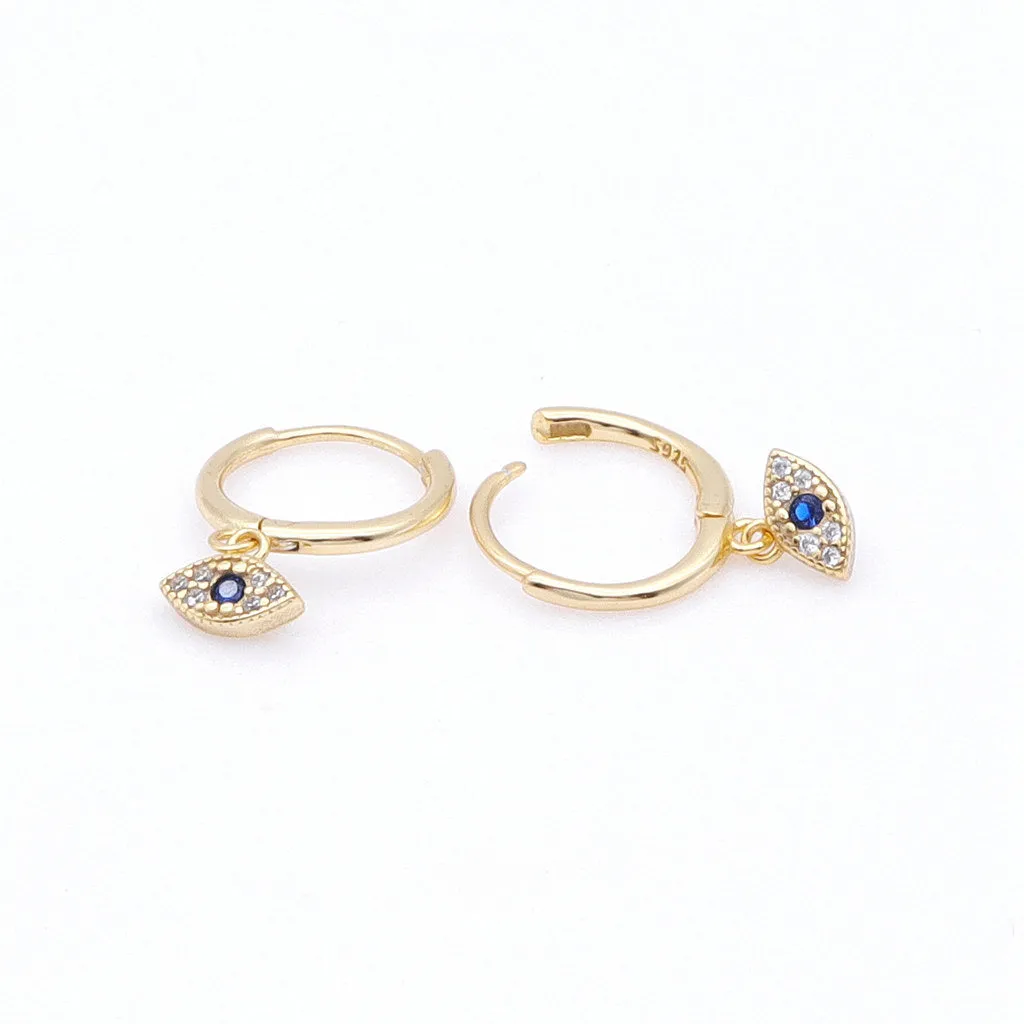 Sterling Silver Evil Eye Charm Huggie Hoop Earrings - Gold