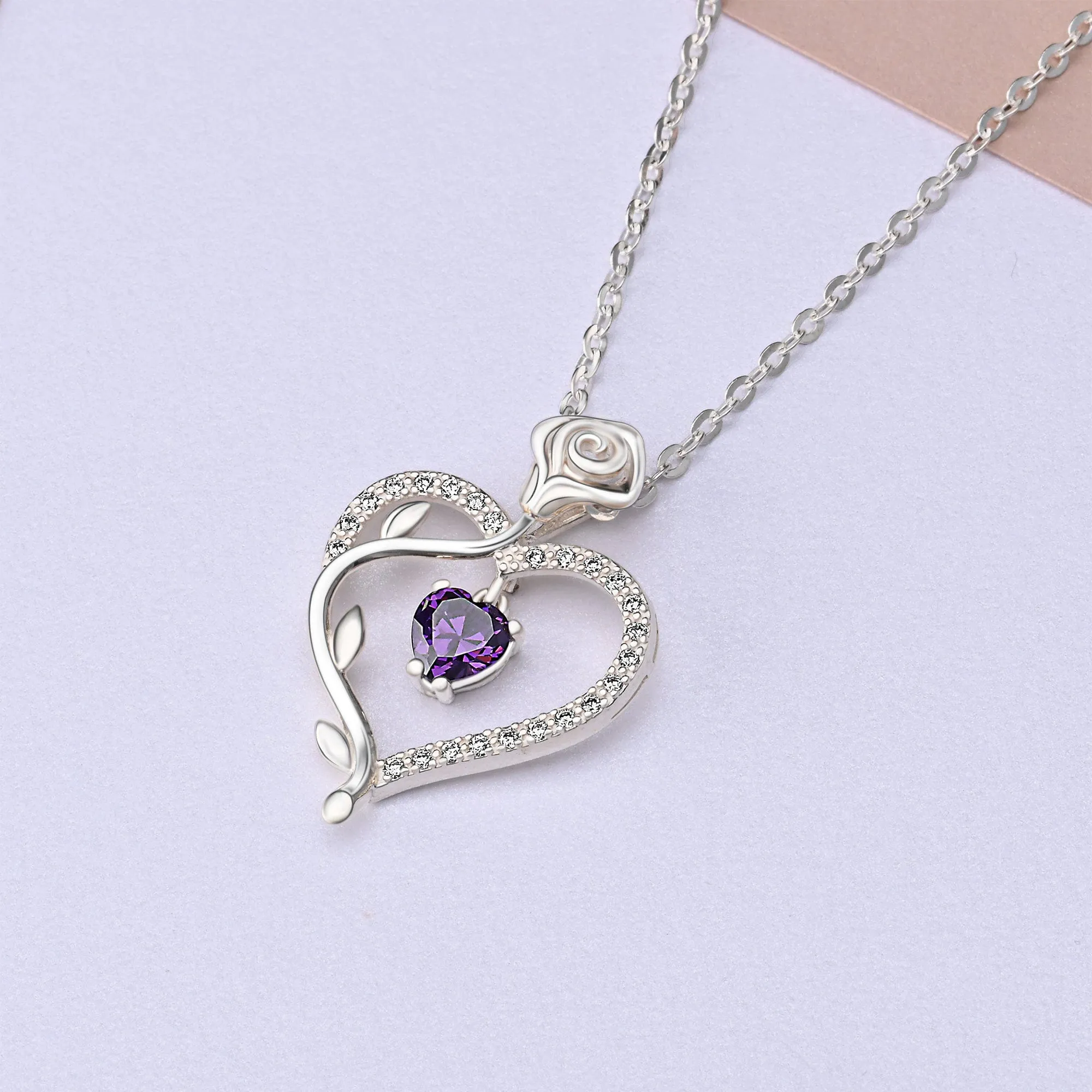 Sterling Silver Rose Heart Necklace with Purple CZ