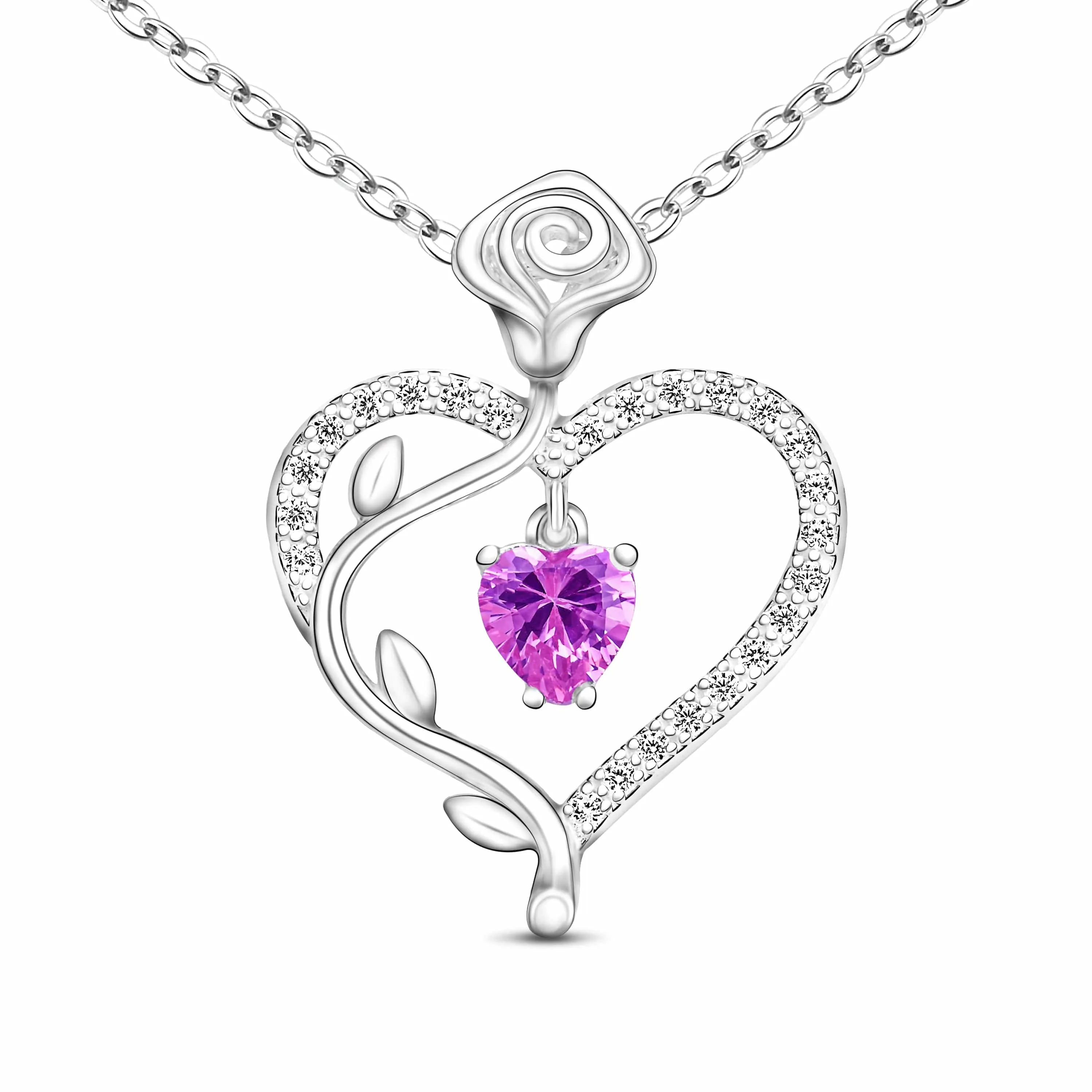 Sterling Silver Rose Heart Necklace with Purple CZ