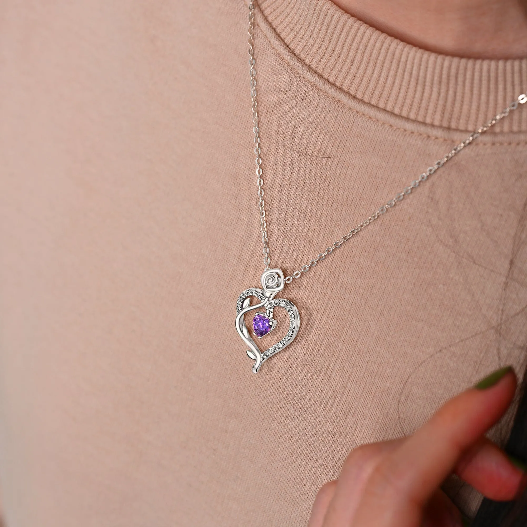 Sterling Silver Rose Heart Necklace with Purple CZ