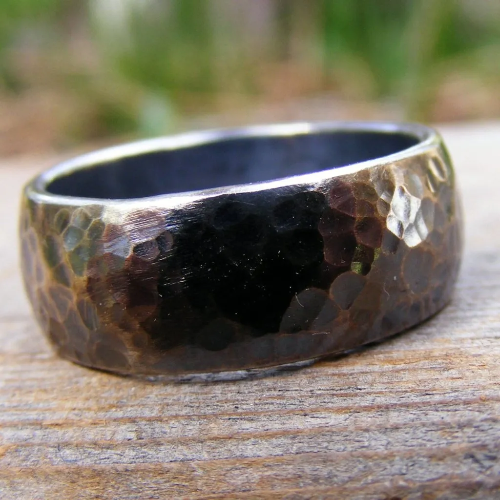 Sterling Silver Wide Wedding Engagement Ring Band, Oxidizid, Rustic, Hammered,  Mens Or Womens Unisex Jewelry, Handcrafted