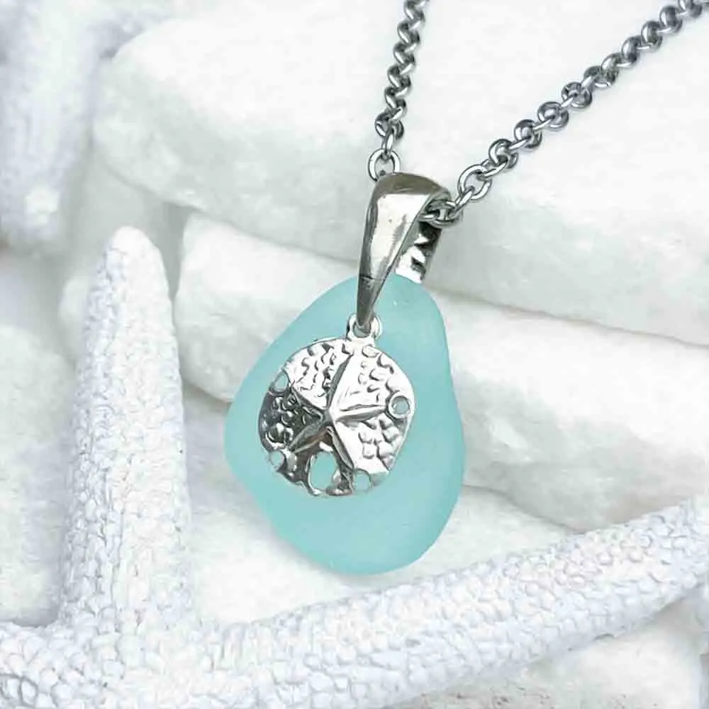 Sunlit Aqua Sea Glass Pendant with Sand Dollar Charm | 5215