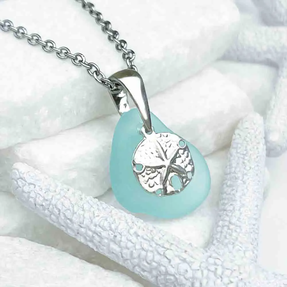 Sunlit Aqua Sea Glass Pendant with Sand Dollar Charm | 5215