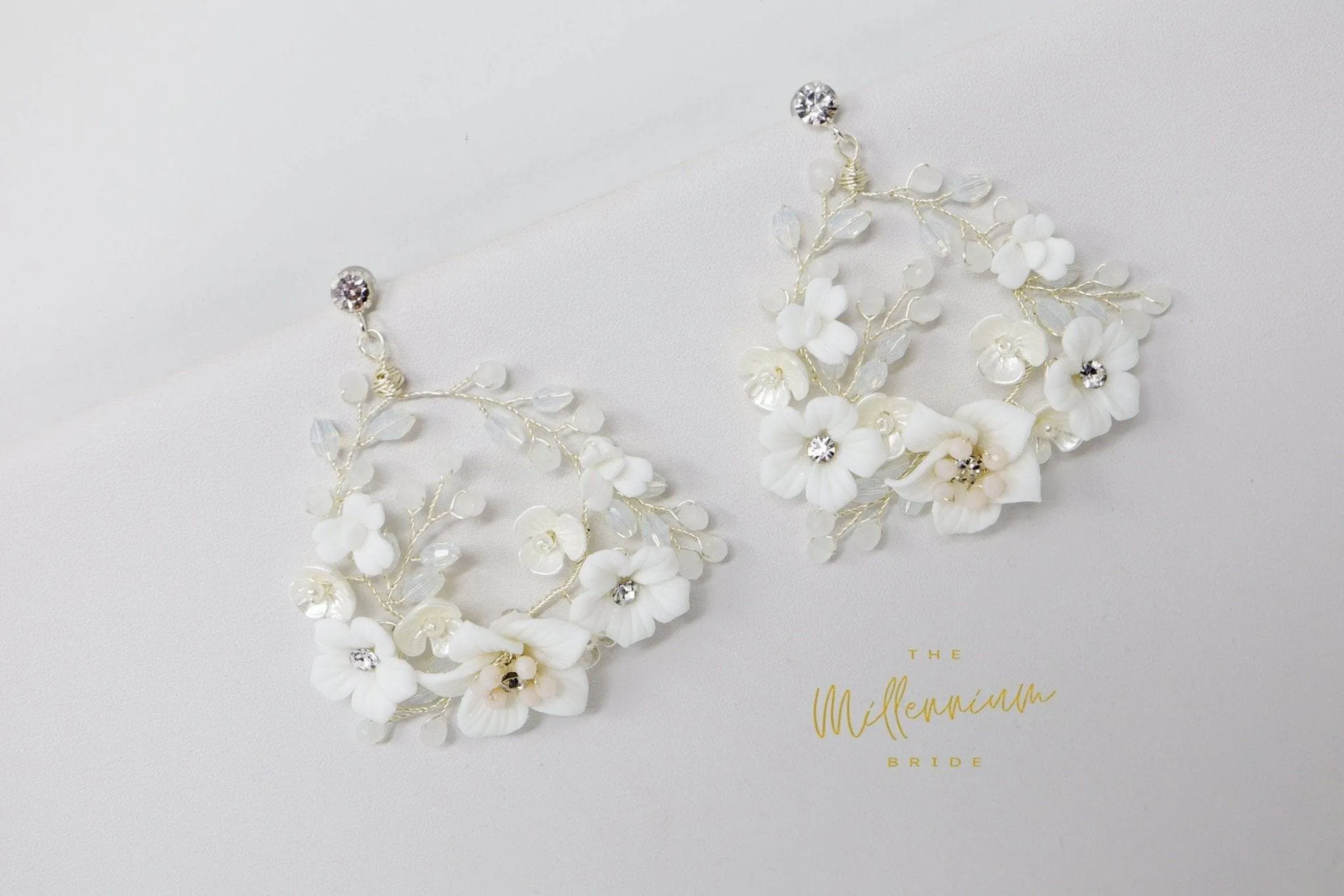 Swarovski Ceramic White Flower Sparkling Crystal Long Bridal Jewelry Crystal Bridal Earrings Statement Earrings Cz