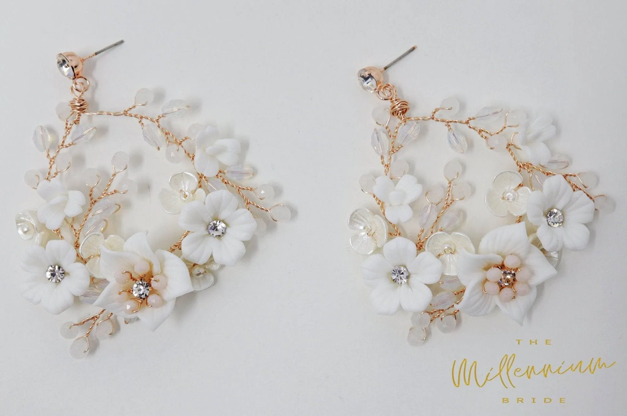 Swarovski Ceramic White Flower Sparkling Crystal Long Bridal Jewelry Crystal Bridal Earrings Statement Earrings Cz