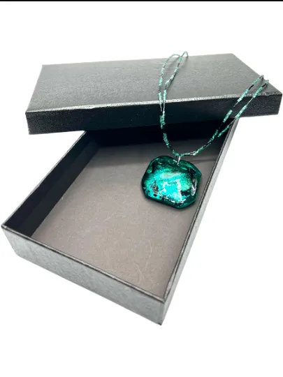 Teal, Aqua and Black Murano Glass Pendant on a Double Strand Seed Bead Cord