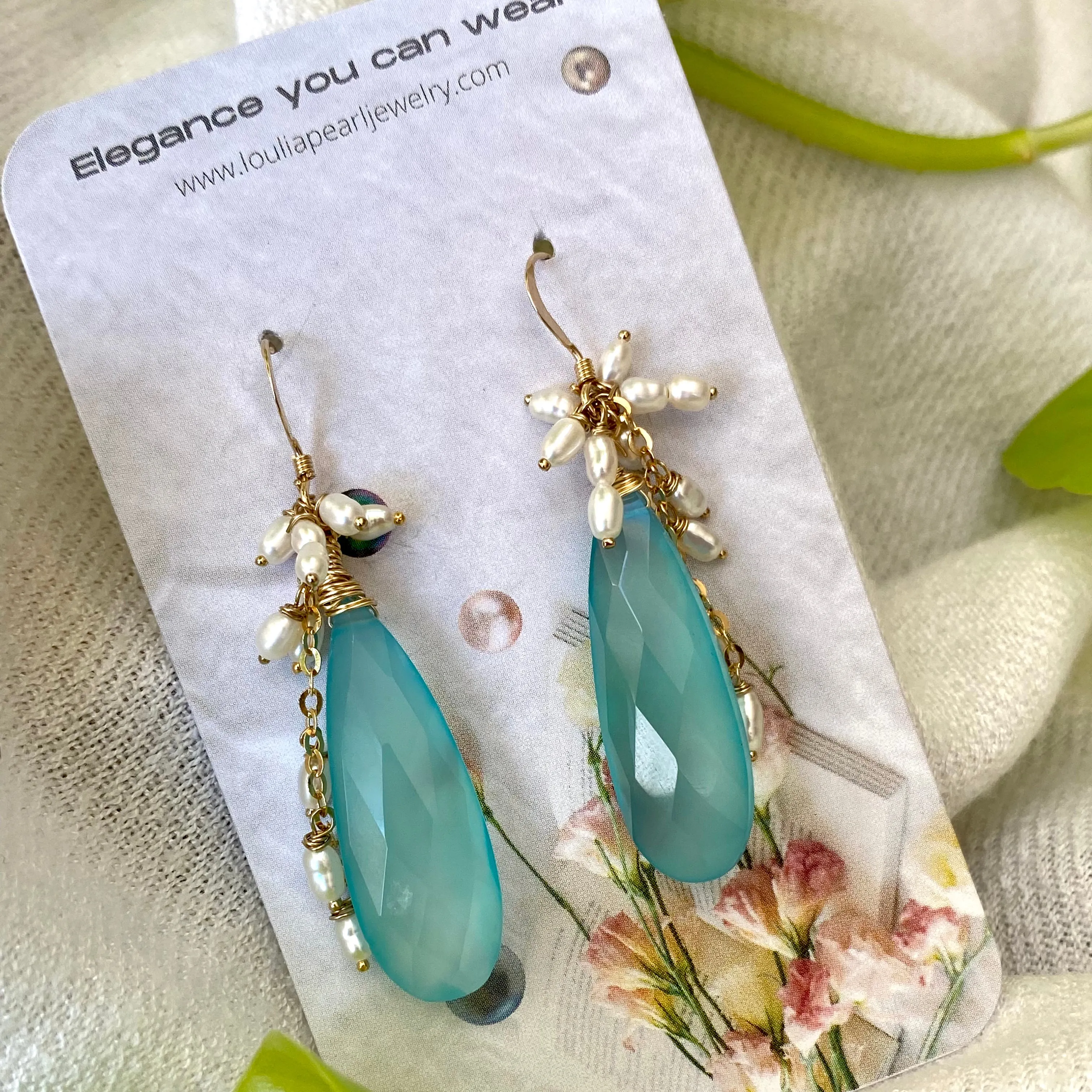 Teardrop Sky Blue Chalcedony Cluster Earrings, Fresh Water Pearls & Gold Filled Ear Wires