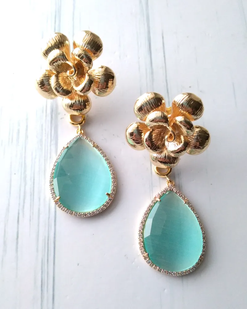 Textured Rose Stud with Detachable Haloed Seafoam Green Chalcedony Earrings