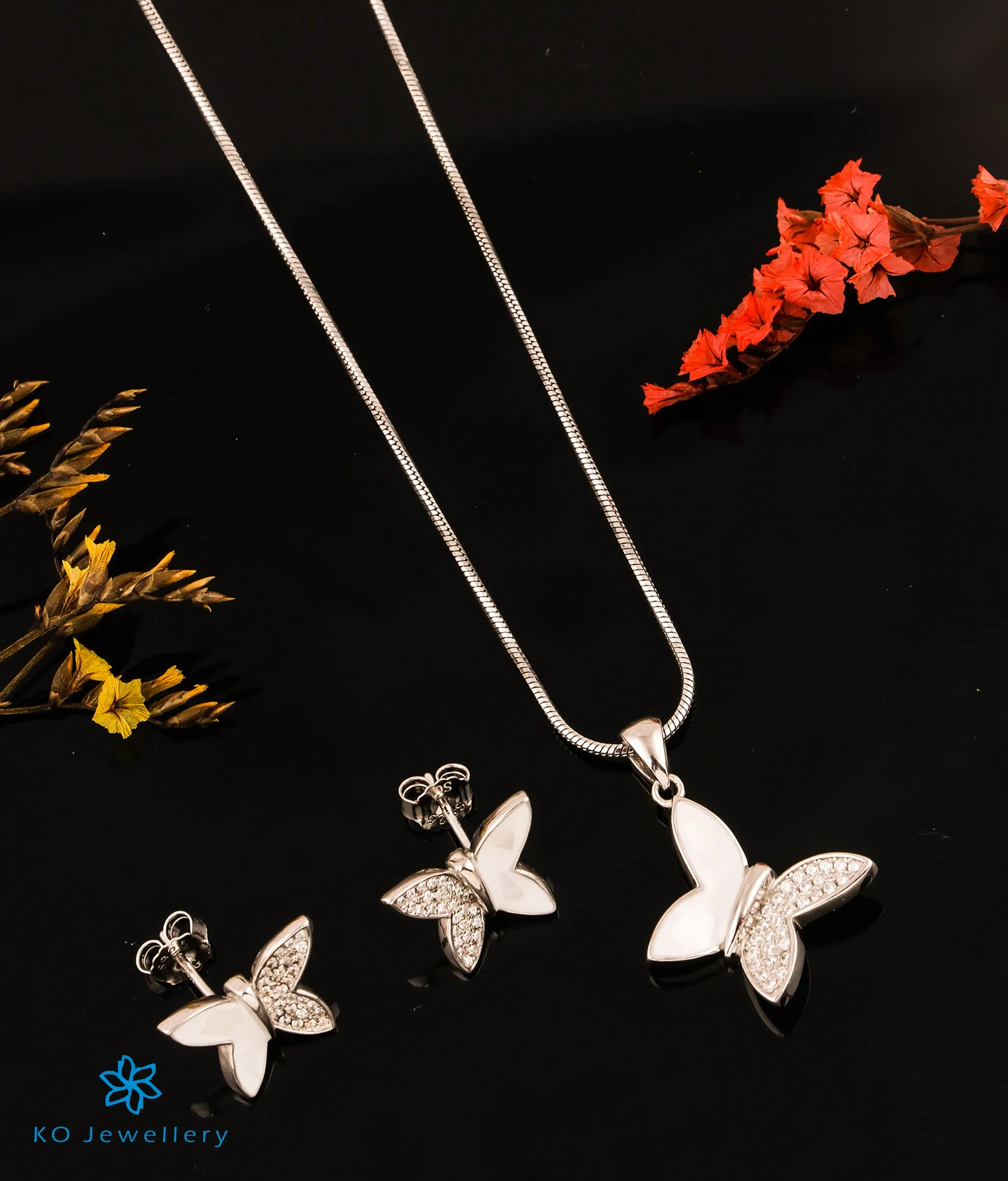 The Bejewelled Butterfly Silver Pendant Set