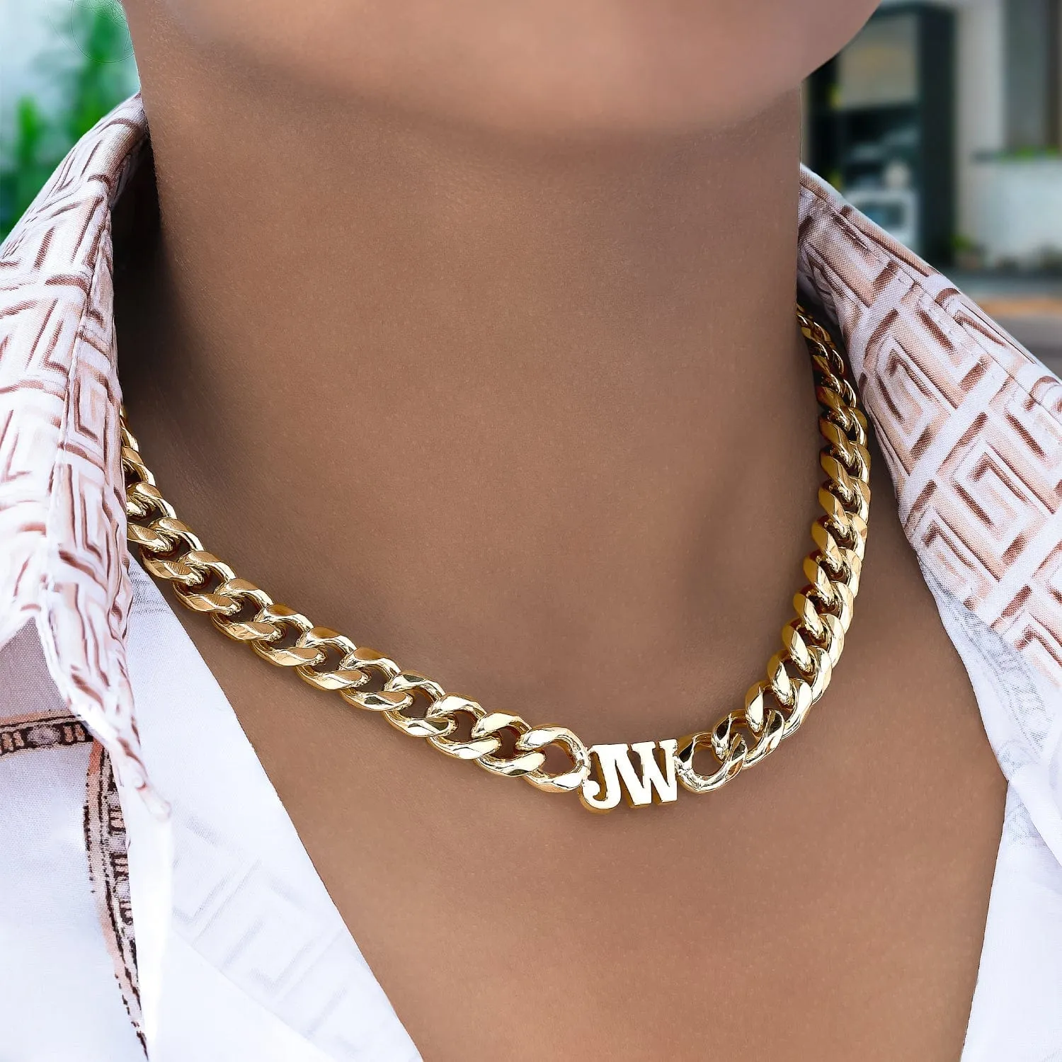 Thick Cuban Chain Choker with 2 Initials Necklace