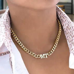 Thick Cuban Chain Choker with 2 Initials Necklace