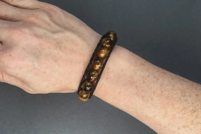 Tiger Eye Single Wrap Bracelet on Brown/Black Leather