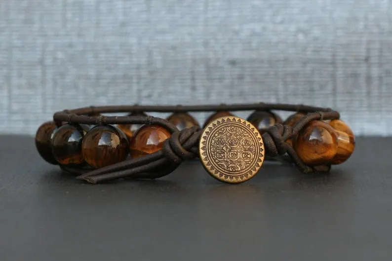 Tiger Eye Single Wrap Bracelet on Brown/Black Leather